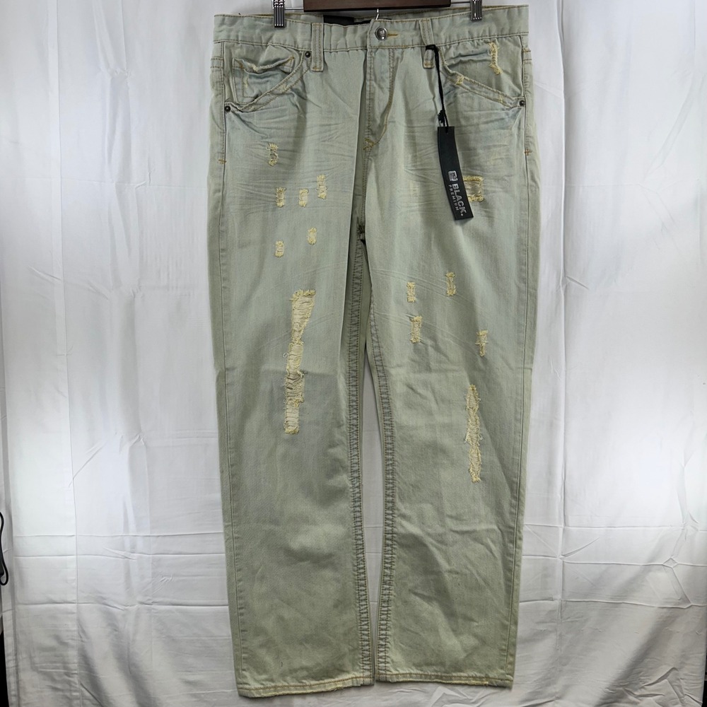 Black Premium Relaxed Straight Jeans Mens 38x32 Light Wash Distressed Denim